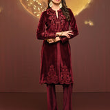 Nitara Maroon Embroidered Velvet Co-ord Set for Women