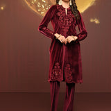 Nitara Maroon Embroidered Velvet Co-ord Set for Women