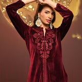 Nitara Maroon Embroidered Velvet Co-ord Set for Women