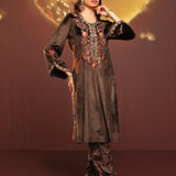 Faha Chocolate Brown Embroidered Velvet Kurta Set for Women with Dupatta