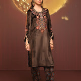 Faha Chocolate Brown Embroidered Velvet Kurta Set for Women with Dupatta