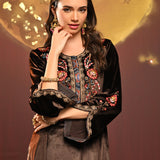 Faha Chocolate Brown Embroidered Velvet Kurta Set for Women with Dupatta