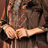 Faha Chocolate Brown Embroidered Velvet Kurta Set for Women with Dupatta