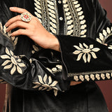 The detail neckline and sleeve work of the Mumtaaz Grey Embroidered Velvet Co-ord Set for Women