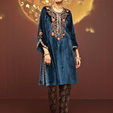 Faha Teal Blue Embroidered Velvet Kurta Set for Women with Dupatta