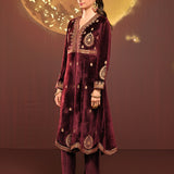 Shanaya Maroon Embroidered Velvet Kurta Set for Women