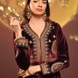 Shanaya Maroon Embroidered Velvet Kurta Set for Women