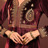 Shanaya Maroon Embroidered Velvet Kurta Set for Women