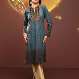 Saira Teal Blue Printed Brushed Fleece Long Kurta for Women