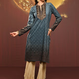 Saira Teal Blue Printed Brushed Fleece Long Kurta for Women