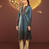 Saira Teal Blue Printed Brushed Fleece Long Kurta for Women