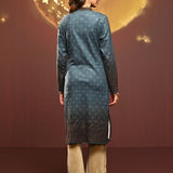 Saira Teal Blue Printed Brushed Fleece Long Kurta for Women