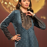 Saira Teal Blue Printed Brushed Fleece Long Kurta for Women