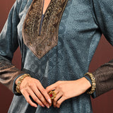 Saira Teal Blue Printed Brushed Fleece Long Kurta for Women