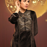 Azra Coffee Brown Embroidered Velvet Kurti for Women