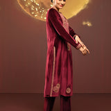 Sana Maroon Embroidered Velvet Kurta Set for Women