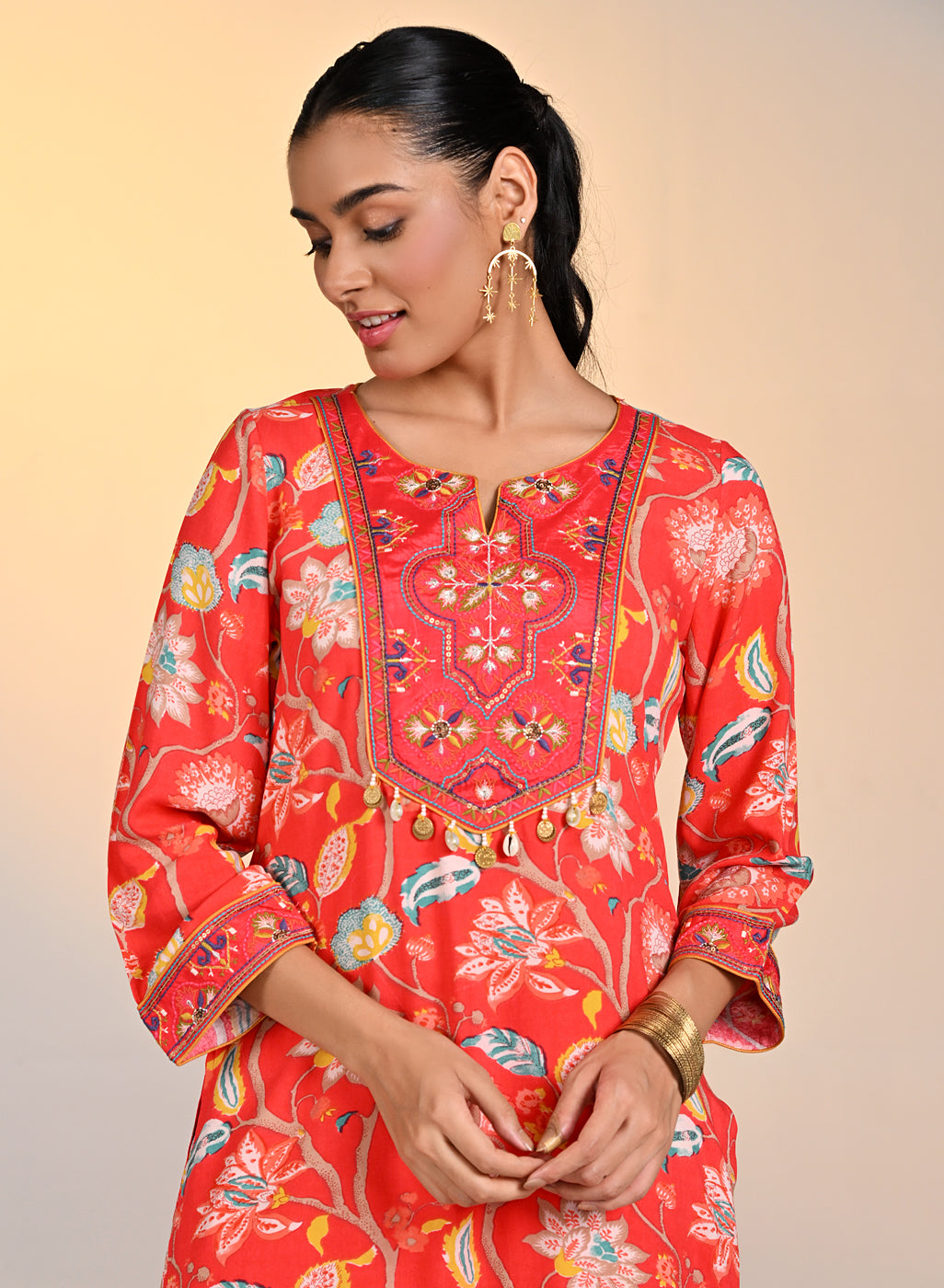 Front view of the top of Orange Zoya Punch Printed Co-ord Set