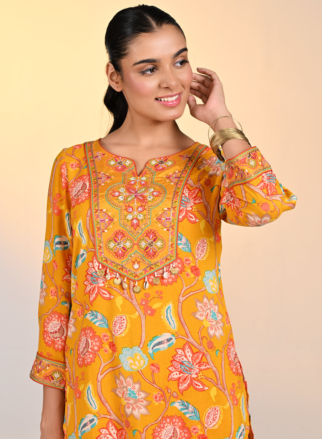 Front view of the top of Yellow Zoya Punch Printed Co-ord Set