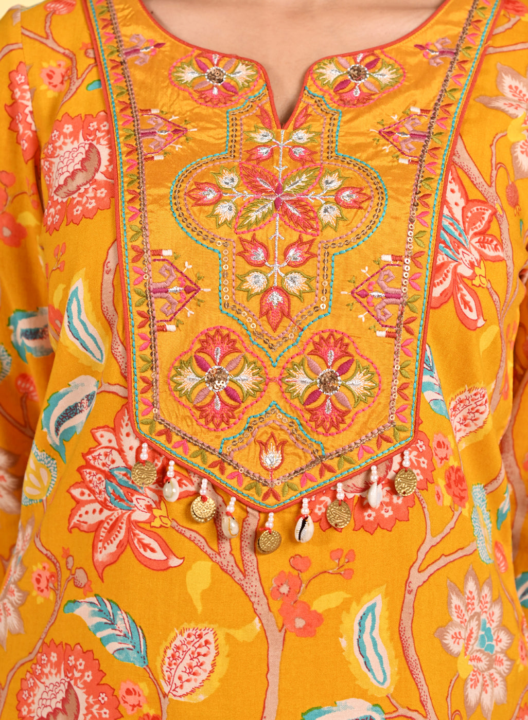 Close-up view of the Yellow Zoya Punch Printed Co-ord Set's top