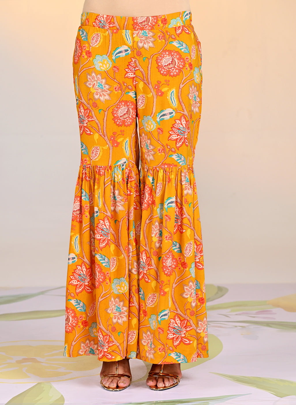 Front view of the Yellow Zoya Punch Printed Co-ord Set's bottom