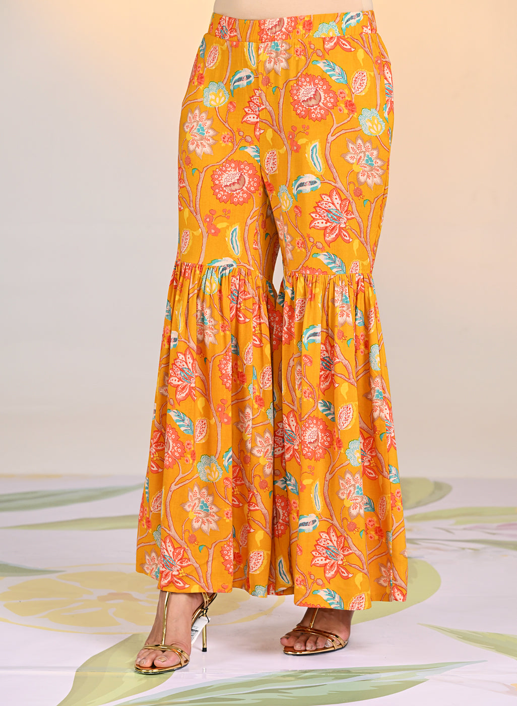 Side view of the Yellow Zoya Punch Printed Co-ord Set's bottom