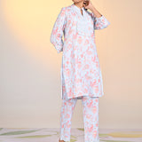 Roshna Airforce Blue Printed Cotton Linen Kurta Set For Women