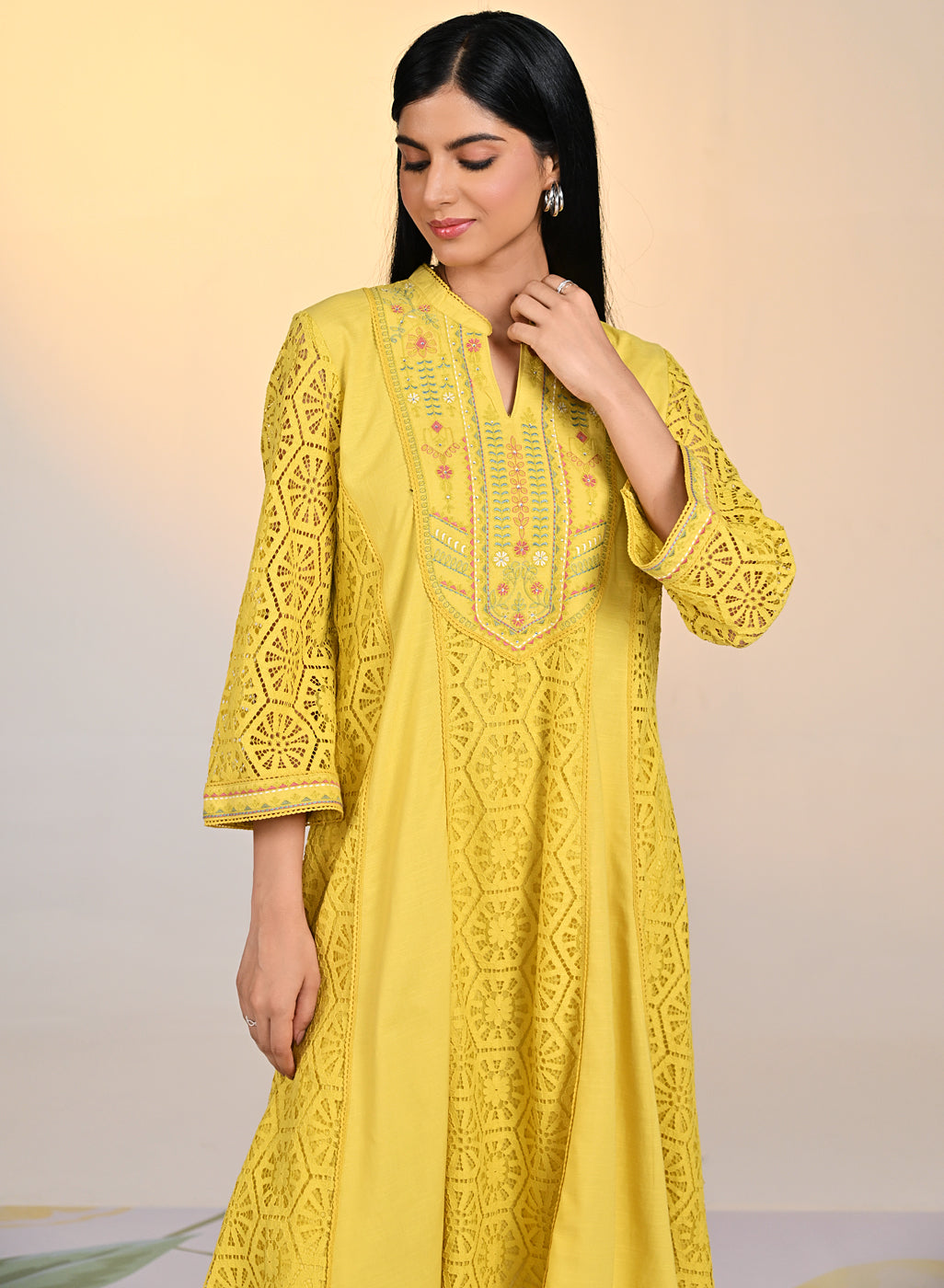 Woman wearing Fariha Carnation Yellow Embroidered Raschel Net Dress