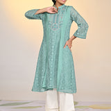 Fariha Carnation Green Embroidered Raschel
Net Dress for Women