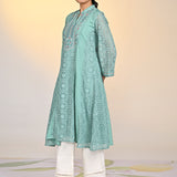 Fariha Carnation Green Embroidered Raschel
Net Dress for Women