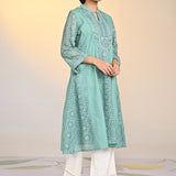 Fariha Carnation Green Embroidered Raschel
Net Dress for Women