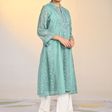 Fariha Carnation Green Embroidered Raschel
Net Dress for Women