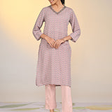 Front view of Nadia Light Grey Printed V-Neck Kurta