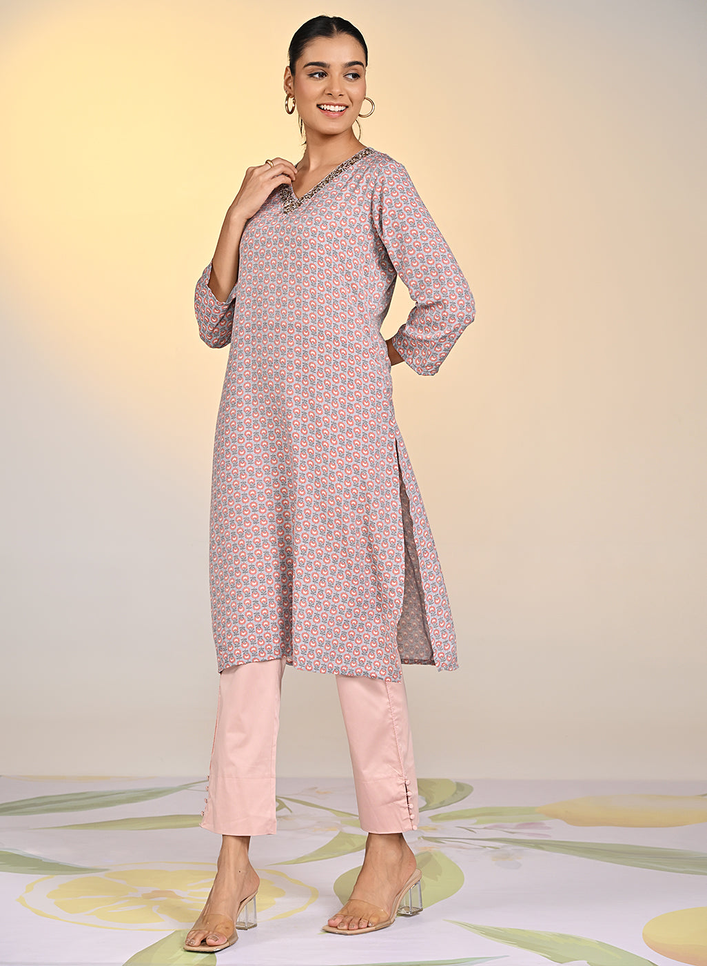 Left side view of Nadia Light Grey Printed V-Neck Kurta