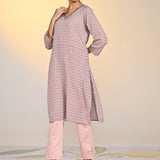 Left side view of Nadia Light Grey Printed V-Neck Kurta