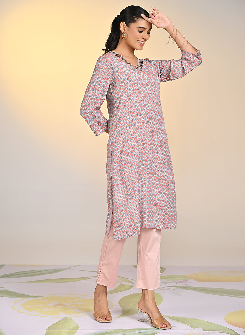 Right side view of Nadia Light Grey Printed V-Neck Kurta