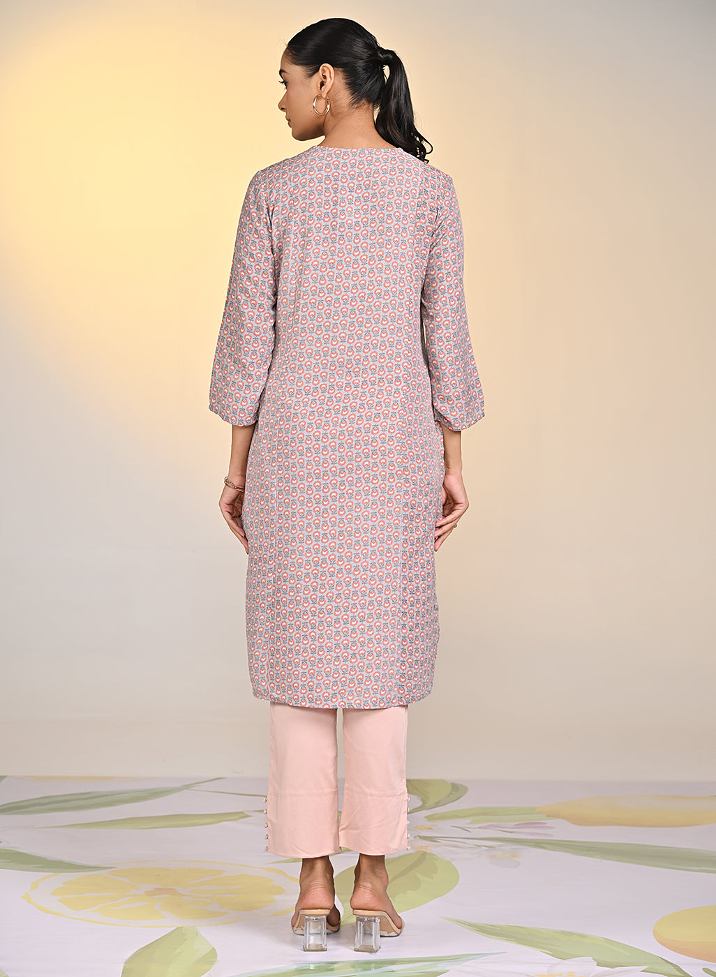 Back view of Nadia Light Grey Printed V-Neck Kurta