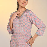 Woman smiling wearing Nadia Light Grey Printed V-Neck Kurta