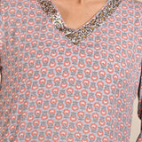 Close-up view of Nadia Light Grey Printed V-Neck Kurta focusing on the embroidered neck