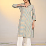 Nadia Light Green Printed V-Neck Kurta For Women