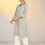 Nadia Light Green Printed V-Neck Kurta For Women