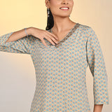 Nadia Light Green Printed V-Neck Kurta For Women