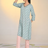 Nadia Sea Green Printed V-Neck Kurta For Women