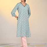 Nadia Sea Green Printed V-Neck Kurta For Women