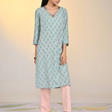 Nadia Sea Green Printed V-Neck Kurta For Women