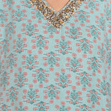 Nadia Sea Green Printed V-Neck Kurta For Women