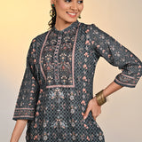 Sehra Black Printed Schiffli Tunic Set For Women