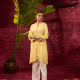 Inaya Lemon Yellow Embroidered Cotton Linen Slub Kurta for Women