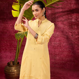 Inaya Lemon Yellow Embroidered Cotton Linen Slub Kurta for Women