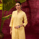 Inaya Lemon Yellow Embroidered Cotton Linen Slub Kurta for Women