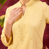 Inaya Lemon Yellow Embroidered Cotton Linen Slub Kurta for Women